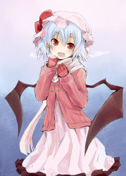 Rule 34 | 1girl, bad id, bad pixiv id, bat wings, blue hair, breath, contemporary, female focus, gloves, hat, highres, mugi (banban53), open mouth, red eyes, remilia scarlet, scarf, short hair, solo, sweater, touhou, wings
