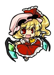 Rule 34 | 1girl, ascot, blonde hair, chibi, crystal, female focus, flandre scarlet, hat, hat ribbon, open mouth, puffy sleeves, red eyes, ribbon, short sleeves, side ponytail, socha, solo, touhou, transparent background, wings