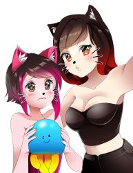 Rule 34 | 2girls, animal ears, bare shoulders, black hair, black pants, blush, breasts, brown hair, cat ears, cleavage, commentary, crop top, dress, english commentary, fierzaa, frown, highres, holding, holding stuffed toy, jellyfish, looking at viewer, md5 mismatch, medium breasts, multicolored hair, multiple girls, orange eyes, pants, pink dress, pink eyes, pink hair, rastapasta, red hair, resolution mismatch, roblox, selfie, short hair, sleeveless, sleeveless dress, smile, source larger, streaked hair, stuffed animal, stuffed toy, white background