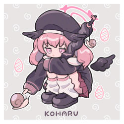 Rule 34 | 1girl, animal, beret, black footwear, black hat, black shirt, black wings, blue archive, blush stickers, charm (object), closed mouth, commentary, detached wings, feathered wings, grey background, halo, hat, head wings, highres, hugging own legs, knees up, koharu (blue archive), koru koruno, long sleeves, loose socks, low wings, pink eyes, pink hair, pleated skirt, puffy long sleeves, puffy sleeves, purple skirt, sailor collar, shirt, shoes, simple background, skirt, sleeves past wrists, snail, socks, solo, squatting, twintails, white sailor collar, wings