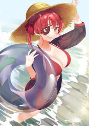 Rule 34 | 1girl, absurdres, bad id, bad pixiv id, bikini, breasts, brown jacket, clenched teeth, collarbone, earrings, eyepatch, hair ribbon, hand up, hat, highres, hololive, houshou marine, jacket, jewelry, large breasts, long sleeves, looking at viewer, multicolored nails, nail polish, nametarou (meron), partially submerged, red bikini, red eyes, red hair, red ribbon, ribbon, smile, solo, standing, straw hat, swimsuit, teeth, virtual youtuber, water