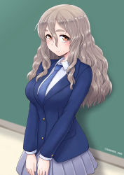Rule 34 | 1girl, alternate costume, blue necktie, blush, breasts, brown eyes, brown hair, chalkboard, closed mouth, collared shirt, cowboy shot, cypress, hair between eyes, highres, kantai collection, large breasts, long hair, long sleeves, necktie, pleated skirt, pola (kancolle), purple skirt, shirt, skirt, smile, solo, twitter username, wavy hair, white shirt