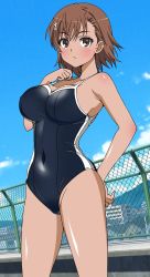 Rule 34 | 1girl, absurdres, alternate breast size, arms behind back, blush, breasts, brown eyes, brown hair, cleavage, hair ornament, highres, holding, holding clothes, large breasts, looking at viewer, misaka mikoto, navel, school swimsuit, shiny clothes, shiny skin, short hair, skin tight, solo, standing, swimsuit, toaru kagaku no railgun, toaru majutsu no index, tokiwadai school swimsuit