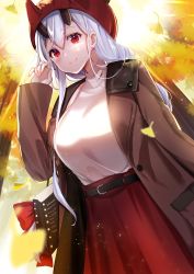 Rule 34 | 1girl, autumn, autumn leaves, bag, beanie, belt, belt buckle, blurry, blush, breasts, brown coat, buckle, coat, commentary request, day, depth of field, earrings, fake horns, fate/grand order, fate (series), felnemo, ginkgo leaf, ginkgo tree, hair ribbon, hat, highres, horned headwear, horns, jewelry, leaf, long hair, long sleeves, looking at viewer, medium breasts, outdoors, red eyes, red hat, red skirt, ribbon, shirt, shirt tucked in, shopping bag, silver hair, skirt, smile, solo, standing, stud earrings, sunlight, tomoe gozen (fate), very long hair