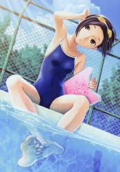 Rule 34 | 1girl, armpits, barefoot, black eyes, caustics, chain-link fence, cloud, competition school swimsuit, competition swimsuit, day, dutch angle, feet, fence, flat chest, goggles, goggles on head, hand on own ear, hand on own ear, highres, kickboard, kobayakawa rinko, love plus, mino tarou, one-piece swimsuit, outdoors, pool, poolside, purple hair, school swimsuit, short hair, sitting, soaking feet, soles, solo, spread toes, swimsuit, toes, underwater, water