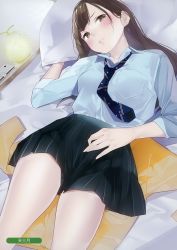Rule 34 | 1girl, absurdres, ama mitsuki, bed sheet, black skirt, blush, brown eyes, brown hair, cardigan, closed mouth, collared shirt, frown, highres, indoors, long hair, long sleeves, looking at viewer, lying, melonbooks, necktie, on back, on bed, original, pillow, pleated skirt, school uniform, shirt, skirt, sleeves rolled up, solo, striped necktie, striped neckwear, thighs, unworn cardigan, white shirt, wing collar