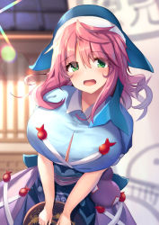 Rule 34 | 1girl, absurdres, apron, bent over, blue headwear, blue shirt, blush, breasts, cleavage cutout, clothing cutout, green eyes, highres, holding, holding tray, indoors, large breasts, leaning forward, liya, looking at viewer, okunoda miyoi, open mouth, pink hair, shirt, short hair, short sleeves, smile, touhou, tray, whale hat