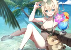 Rule 34 | 1girl, :d, alternate costume, aqua eyes, armpits, barefoot, blonde hair, blue sky, breasts, cloud, cloudy sky, crossed bangs, cup, day, drinking straw, eyewear on head, feet, flower, food, foot out of frame, foreshortening, fruit, highres, hololive, kazama iroha, knees up, legs, looking at viewer, mamdtsubu, medium hair, ocean, open mouth, orange (fruit), orange slice, outdoors, palm tree, partially submerged, pokobee, shadow, signature, sitting, sky, small breasts, smile, sparkle, sunglasses, teeth, toes, tree, upper teeth only, virtual youtuber, water