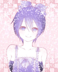 Rule 34 | 1girl, collarbone, fairy tail, kinana (fairy tail), looking at viewer, lowres, purple hair, short hair, smile, solo, sparkle