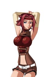 Rule 34 | 1girl, armpits, arms up, belt, blue eyes, breasts, clothing cutout, code geass, detached sleeves, headband, impossible clothes, kouzuki kallen, large breasts, light smile, morganagod, navel, navel cutout, red hair, short hair, shorts, solo, transparent background