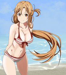 Rule 34 | 1girl, absurdres, arms behind back, asuna (sao), beach, bikini, braid, breasts, brown eyes, brown hair, cleavage, closed mouth, french braid, highres, large breasts, long hair, looking at viewer, navel, ocean, red bikini, short ponytail, smile, solo, striped bikini, striped clothes, swimsuit, sword art online, user kuxw7248, water, white bikini