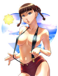 Rule 34 | 1girl, braid, breasts, brown hair, dead or alive, heart, large breasts, lei fang, lips, naked suspenders, revealing clothes, short hair, short shorts, shorts, solo, suspenders, tecmo, topless, twin braids, ueyama michirou