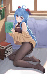 Rule 34 | 1girl, absurdres, ahoge, alternate costume, ass, bare shoulders, bed, bed sheet, black leotard, black pantyhose, blue hair, book, book stack, bookshelf, breasts, cardigan, cherng, cleavage, clothing cutout, contemporary, full body, ganyu (genshin impact), genshin impact, goat horns, heart cutout, highres, holding, holding book, horns, indoors, legs, leotard, long hair, long sleeves, looking at viewer, medium breasts, no shoes, off shoulder, on bed, open cardigan, open clothes, pantyhose, parted lips, pillow, purple eyes, reclining, ribbed leotard, sidelocks, sitting, sleeveless, sleeveless turtleneck leotard, soles, solo, thighs, turtleneck, window, yellow cardigan, yokozuwari