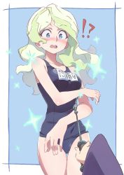 Rule 34 | 2girls, blonde hair, blue background, blush, competition school swimsuit, diana cavendish, embarrassed, kagari atsuko, little witch academia, multiple girls, one-piece swimsuit, school swimsuit, simple background, sparkle, spell, surprised, swimsuit, tama (tama-s)