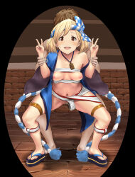 Rule 34 | 1boy, 1girl, blonde hair, blonde pubic hair, blush, breasts, breasts out, brown eyes, brown hair, clothing aside, djeeta (granblue fantasy), double v, drum master (granblue fantasy), female pubic hair, functionally nude, fundoshi, fundoshi aside, granblue fantasy, headband, japanese clothes, looking at viewer, medium breasts, navel, nipples, nude, pubic hair, sandals, sarashi, sex, sex from behind, short hair, smile, sweat, v, vaginal