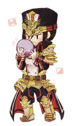 Rule 34 | 1girl, :&lt;, armor, asozan (cocomil), black hair, black hat, black jacket, black pants, boots, breasts, chibi, closed mouth, full body, gloves, hair between eyes, hat, holding, jacket, knee boots, long sleeves, military hat, morag ladair (xenoblade), pants, pauldrons, puffy pants, shoulder armor, simple background, small breasts, solo, sparkle, standing, white background, white footwear, white gloves, xenoblade chronicles (series), xenoblade chronicles 2