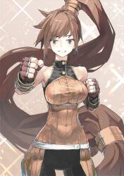 Rule 34 | 1girl, absurdres, breasts, brown eyes, brown hair, covered navel, cowboy shot, dnf duel, dungeon and fighter, fighter (dungeon and fighter), fingerless gloves, gloves, grin, highres, long hair, looking at viewer, medium breasts, ponytail, smile, solo, tefec, very long hair