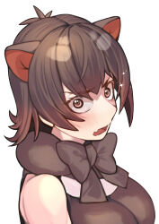 Rule 34 | 1girl, a888 n22, animal ears, bare shoulders, blush, bow, bowtie, brown bow, brown bowtie, brown eyes, brown hair, colored inner hair, extra ears, eyelashes, fang, grey background, grey hair, highres, kemono friends, looking at viewer, medium hair, multicolored hair, open mouth, parted bangs, simple background, skin fang, sleeveless, solo, sparkle, tasmanian devil (kemono friends), tasmanian devil ears, upper body, v-shaped eyebrows