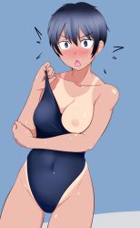 Rule 34 | 1girl, black hair, blush, competition swimsuit, constricted pupils, covered navel, one-piece swimsuit, one breast out, open mouth, original, short hair, simple background, solo, swimsuit, tan, tanaka rikimaru, tanline, very short hair, wet