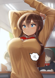 Rule 34 | 1girl, :&lt;, arms up, blue eyes, blush, bow, bowtie, breasts, brown hair, brown sweater, buttons, chair, classroom, closed mouth, indoors, large breasts, long hair, long sleeves, looking down, maku ro, motion lines, original, popped button, red bow, red neckwear, school chair, school uniform, sitting, solo focus, stretching, surprised, sweater, upper body, v-shaped eyebrows, wide-eyed