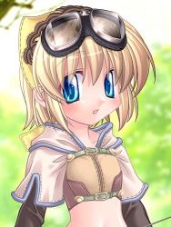 Rule 34 | 1girl, blonde hair, blue eyes, blush, female focus, goggles, goggles on head, hair ribbon, hunter, hunter (ragnarok online), ishihara masumi, looking at viewer, lowres, midriff, nature, open mouth, outdoors, ponytail, ragnarok online, ribbon, short hair, smile, solo, tree, upper body