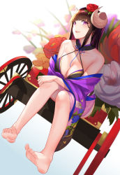 Rule 34 | 1girl, azur lane, barefoot, blush, breasts, brown hair, cleavage, collarbone, curled horns, dutch angle, feet, flower, full body, hair flower, hair ornament, highres, horns, japanese clothes, kimono, kojo (0124), large breasts, long hair, on bench, open mouth, purple eyes, resolution mismatch, rickshaw, sitting, smile, soles, solo, source larger, suruga (azur lane), suruga (hundred flower&#039;s auspice) (azur lane), toes