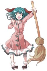 Rule 34 | 1girl, alphes (style), animal ears, bamboo broom, broom, closed eyes, dairi, full body, green hair, kasodani kyouko, open mouth, parody, short hair, simple background, smile, solo, style parody, touhou, transparent background