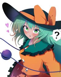 Rule 34 | 1girl, ?, absurdres, alternate hair length, alternate hairstyle, black hat, bow, green eyes, green hair, hat, hat bow, heart, highres, komeiji koishi, long hair, long sleeves, looking at viewer, open mouth, polyhedron2, ribbon, simple background, solo, spoken question mark, third eye, touhou, upper body, white background, yellow bow