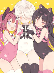 Rule 34 | + +, 3girls, :o, aimani (vtuber), animal ear fluff, animal ears, black bow, black hair, black leotard, black thighhighs, blade (galaxist), blush, bow, commentary request, covered navel, fang, grey hair, hair between eyes, hair ornament, hair over one eye, highres, leotard, long hair, looking at viewer, mel mellow, multicolored hair, multiple girls, nekoyama nae, open mouth, parted lips, pink bow, pink hair, pink leotard, pink thighhighs, purple eyes, red eyes, short eyebrows, simple background, thick eyebrows, thighhighs, toranoana, two-tone hair, very long hair, virtual youtuber, white bow, white leotard, white thighhighs, yamata (lllwolll), yellow background