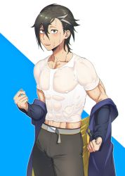Rule 34 | 1boy, abs, belt, bishounen, black hair, black pants, blush, covered abs, covered erect nipples, fate/grand order, fate (series), grey eyes, highres, jacket, jacket partially removed, kayaharu, male focus, mandricardo (fate), medium hair, multicolored hair, muscular, muscular male, nipples, official alternate costume, open mouth, pants, pectorals, purple jacket, shirt, solo, streaked hair, teeth, upper teeth only, wet, wet clothes, wet face, wet hair, wet shirt, white hair, white shirt