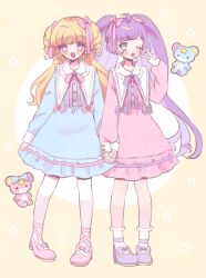 Rule 34 | 2girls, :d, ;d, ahoge, blonde hair, blue dress, collared dress, commentary request, dress, full body, green eyes, hair ribbon, hand up, highres, holding hands, hoshikuzu (pinkholic), idol time pripara, long hair, long sleeves, looking at viewer, manaka laala, multiple girls, neck ribbon, one eye closed, open mouth, pantyhose, pink dress, pink footwear, pink ribbon, pretty series, pripara, purple eyes, purple footwear, purple hair, purple ribbon, ribbon, ringlets, shoes, smile, socks, standing, stuffed animal, stuffed toy, teddy bear, twintails, two side up, very long hair, white pantyhose, white socks, yellow background, yumekawa yui
