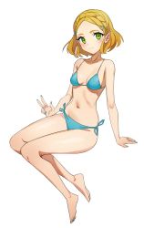 Rule 34 | 1girl, absurdres, bare arms, bare legs, bare shoulders, barefoot, bikini, blonde hair, blue bikini, blue nails, blue ribbon, braid, breasts, cleavage, closed mouth, collarbone, commentary, crown braid, fingernails, full body, green eyes, highres, impossible clothes, invisible chair, kiritzugu, long fingernails, looking at viewer, medium breasts, nail polish, navel, nintendo, pointy ears, princess zelda, ribbon, short hair, side-tie bikini bottom, sitting, smile, solo, stomach, swimsuit, the legend of zelda, the legend of zelda: breath of the wild, the legend of zelda: tears of the kingdom, toenail polish, toenails, white background