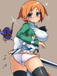 Rule 34 | 1girl, ass, black thighhighs, blue eyes, blush, bow, breasts, butt crack, creature, disgaea, embarrassed, from behind, green shirt, grey background, haniwagi (hal), large breasts, looking back, magic knight (disgaea), orange hair, panties, pointy ears, prinny, shiny skin, shirt, short hair, sideboob, sweat, sword, thighhighs, torn clothes, underwear, weapon, white bow, white panties