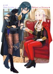 2girls armchair ascot belt black_cape black_jacket black_pantyhose black_shoes black_shorts blue_eyes blue_hair byleth_(female)_(fire_emblem) byleth_(fire_emblem) cape chair closed_mouth commentary_request dagger edelgard_von_hresvelg fire_emblem fire_emblem:_three_houses fukuroumori gloves hair_ribbon happy_birthday high_heels highres holding_hands indoors jacket knife long_hair looking_at_another multiple_girls nintendo one_eye_closed pantyhose purple_eyes purple_ribbon red_cape red_pantyhose ribbon shoes shorts sitting smile twitter_username weapon white_ascot white_gloves white_hair