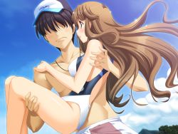 Rule 34 | 1boy, 1girl, beach, black hair, blue eyes, blush, breasts, brown hair, carrying, cleavage, cloud, competition swimsuit, faceless, faceless male, game cg, happy, hat, kanae riho, koi to mizugi to taiyo to, large breasts, long hair, male swimwear, mountain, multicolored clothes, multicolored male swimwear, multicolored swim trunks, multicolored swimsuit, one-piece swimsuit, open mouth, outdoors, princess carry, red male swimwear, red swim trunks, short hair, sky, smile, swim trunks, swimsuit, tree, white male swimwear, white one-piece swimsuit, white swim trunks