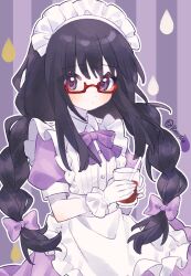 Rule 34 | 1girl, akemi homura, apron, black hair, bow, bowtie, braid, chinese commentary, closed mouth, collared shirt, commentary request, cup, dot mouth, drinking glass, drinking straw, expressionless, frilled apron, frills, gloves, hair bow, highres, holding, holding cup, long hair, looking at viewer, mahou shoujo madoka magica, mahou shoujo madoka magica (anime), maid headdress, official alternate costume, outline, puffy short sleeves, puffy sleeves, purple background, purple bow, purple bowtie, purple eyes, red-framed eyewear, roro (lolo), semi-rimless eyewear, shirt, short sleeves, simple background, solo, striped background, twin braids, under-rim eyewear, upper body, waist apron, white apron, white gloves, white outline, white shirt