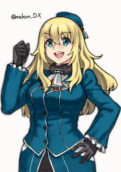 Rule 34 | 1girl, atago (kancolle), beret, black gloves, blonde hair, blue hat, breasts, clenched hand, commentary request, cowboy shot, gloves, hand on own hip, hat, kantai collection, large breasts, long hair, maakun (makun dx), military, military uniform, one-hour drawing challenge, open mouth, round teeth, simple background, solo, standing, teeth, twitter username, uniform, upper teeth only, white background