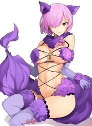 Rule 34 | 1girl, absurdres, animal ears, bare shoulders, bow, breasts, cleavage, closed mouth, elbow gloves, fate/grand order, fate (series), fur-trimmed gloves, fur-trimmed legwear, fur collar, fur trim, gloves, hair over one eye, highres, knees up, lace, lace-trimmed legwear, lace trim, large breasts, leaning back, light purple hair, looking at viewer, mash kyrielight, mash kyrielight (dangerous beast), navel, o-ring, official alternate costume, open mouth, purple eyes, purple gloves, purple legwear, revealing clothes, seino (sasakike1305), short hair, tail, wolf ears, wolf tail