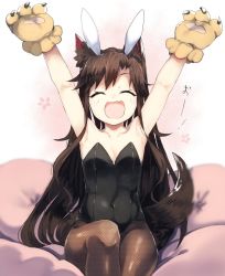 Rule 34 | 1girl, ^ ^, alternate costume, animal ears, animal hands, armpits, arms up, bad id, bad twitter id, bare arms, breasts, brown hair, closed eyes, collarbone, covered navel, fake animal ears, fang, fishnet pantyhose, fishnets, gloves, imaizumi kagerou, leotard, long hair, open mouth, pantyhose, paw gloves, pillow, playboy bunny, rabbit ears, sitting, small breasts, smile, solo, suminagashi, tail, thighs, touhou, translated, very long hair, white background, wolf ears, wolf tail