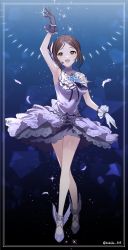Rule 34 | 1girl, :o, arm up, armpits, asymmetrical gloves, ayase honoka, bare legs, black hair, blush, breasts, crossed legs, dress, falling feathers, feathers, framed, frilled dress, frills, full body, gloves, gradient background, headset, highres, idol, idolmaster, idolmaster cinderella girls, idolmaster cinderella girls starlight stage, layered dress, looking away, looking up, medium breasts, parted bangs, short hair, sleeveless, sleeveless dress, smile, solo, sparkle print, takeko spla, winged footwear