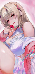 Rule 34 | 1girl, artist name, bare shoulders, breasts, candy, cleavage, cowboy shot, crop top, earrings, food, goddess of victory: nikke, heart collar, highres, holding, holding candy, holding food, holding lollipop, holographic clothing, horns, jacket, jewelry, kojima (blue stardust), large breasts, light brown hair, lollipop, long hair, mask, mask pull, mouth mask, nail polish, off shoulder, partially unzipped, pink jacket, red eyes, sidelocks, sitting, skirt, solo, viper (nikke), zipper