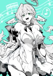 Rule 34 | 1girl, absurdres, aqua background, bare shoulders, blush, breasts, cleavage, commentary request, dress, green eyes, greyscale, greyscale with colored background, halo, head wings, highres, honkai: star rail, honkai (series), jewelry, large breasts, long hair, looking at viewer, monochrome, musical note, necklace, robin (honkai: star rail), solo, spoken musical note, sweat, teeth, thighs, wings, yotsumi shiro