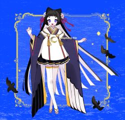 Rule 34 | 1girl, :d, animal ears, bird, black hair, blue background, blue eyes, blunt bangs, blush, border, crescent, crescent print, flower, front-seamed legwear, full body, furisode, geta, hair flower, hair ornament, hime cut, japanese clothes, kimono, long hair, long sleeves, mp0612, open mouth, original, outside border, outstretched arms, petticoat, rope, seamed legwear, short kimono, sidelocks, smile, solo, standing, star (symbol), tassel, thighhighs, very long hair, white thighhighs, wing print, zettai ryouiki