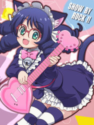 Rule 34 | 10s, 1girl, animal ears, awa, bell, blush, cat ears, cat tail, cyan (show by rock!!), guitar, instrument, jingle bell, long hair, looking at viewer, show by rock!!, smile, strawberry heart (show by rock!!), striped clothes, striped thighhighs, tail, thighhighs, zettai ryouiki