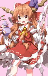 Rule 34 | 1girl, ascot, bow, commentary request, cosplay, detached sleeves, fang, frilled hair tubes, frilled skirt, frills, gohei, hair bow, hair tubes, hakurei reimu, hakurei reimu (cosplay), highres, holding, holding gohei, holding gourd, horns, ibuki suika, long hair, midriff peek, oni horns, open mouth, orange hair, red skirt, red vest, ruu (tksymkw), sidelocks, skirt, solo, touhou, very long hair, vest, wide sleeves, yellow ascot