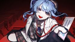 Rule 34 | 1girl, beret, black choker, black footwear, black legwear, blue eyes, blue hair, blue neckwear, blue ribbon, card, chair, choker, coat, collared shirt, crown, desk, gloves, grey hat, hair between eyes, hair ribbon, hat, highres, hololive, hoshimachi suisei, hoshimachi suisei (1st costume), indoors, jacket, jewelry, lanyard, long sleeves, looking at viewer, medium hair, nail polish, numata zombie, on desk, open clothes, open coat, open mouth, partially fingerless gloves, pendant, plaid, plaid headwear, plaid jacket, plaid skirt, red background, ribbon, school chair, school desk, shirt, side ponytail, sidelocks, sitting, skirt, solo, virtual youtuber, white coat, white shirt