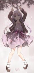 Rule 34 | 1girl, absurdres, alternate costume, blue eyes, brown jacket, cherry blossoms, crescent, crescent hair ornament, crescent pin, dress, full body, gradient background, hair ornament, highres, jacket, kantai collection, long hair, looking at viewer, munehiro (21plus), open mouth, purple dress, purple hair, short hair, short hair with long locks, yayoi (kancolle)