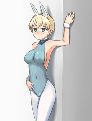 Rule 34 | 1girl, animal ears, blonde hair, blue eyes, blush, breasts, covered erect nipples, fake animal ears, large breasts, nikka edvardine katajainen, playboy bunny, rabbit ears, smile, solo, strike witches, world witches series