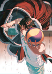 Rule 34 | 1boy, ball, blurry, brown eyes, brown hair, covered face, glowing, glowing eyes, haikyuu!!, holding, holding ball, kinsatsu (grizzled), looking at viewer, male focus, oikawa tooru (haikyuu!!), short hair, solo, sportswear, standing, volleyball, volleyball (object), volleyball uniform