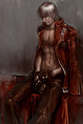 Rule 34 | 00s, 1boy, abs, belt, black gloves, buckle, capcom, dante (devil may cry), devil may cry (series), devil may cry 3, fingerless gloves, gloves, hosino hikaru, jacket, long sleeves, male focus, midriff, navel, open clothes, open jacket, pants, red jacket, topless male, short hair, sitting, solo, standing, stomach, white hair